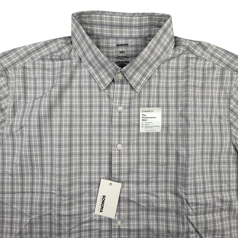 Sonoma Shirt Mens XXL Grey Plaid Performance Stretch Short Sleeve Button Up